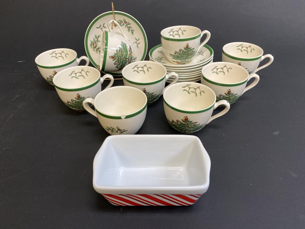 Spode Christmas Tree Cups and Saucers: Nine pieces of Spode along with a peppermint striped porcelain dish.
