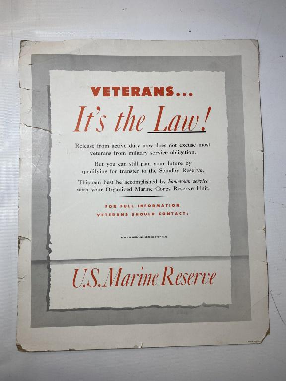 World War II United States Marine Corps Poster: Original post World War II United States Marine Corps poster encouraging released World War II veterans to join the Marine Corps Reserve..