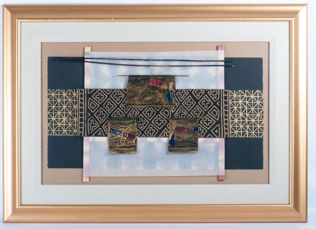 Mixed Media "Shaman" Collage, Signed: Framed mixed media collage titled â€œShaman” in pencil to lower left and signed "Nelson" to lower right. Consisting of painted gold and black papers, wood, and fibers with gold tone frame me