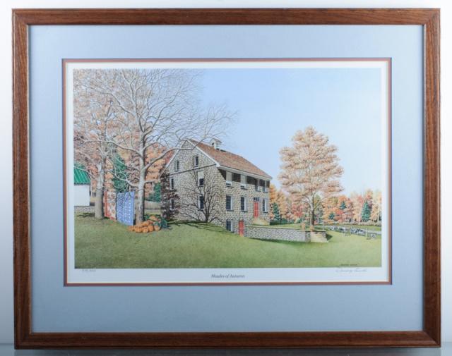 Dempsey Essick "Shades of Autumn" #979/999: Dempsey Essick (North Caroline, B. ) double matted and framed lithograph depicting country home scene titled to bottom center "Shades of Autumn", numbered to lower left in pencil 979/999 and signed in