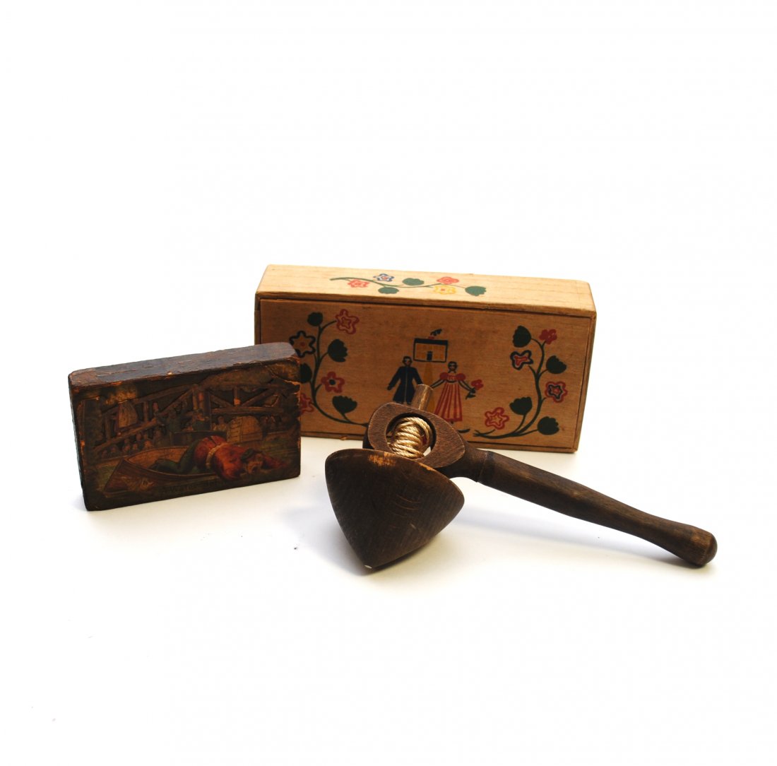 Mixed Lot of Vintage Items: Mixed Lot of Vintage Items. Three (3) pieces to include: Old Spice soap box, vintage wooden spinning top, and wooden story block.