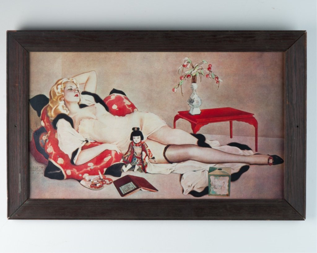 Alberto Vargas Print, Pin-Up Blonde, 1920: Alberto Vargas(Peruvian/American 1896-1982). Print of young blonde in Asian setting with Japanese doll, dated 1920. Sight image: 13 1/2" x 23 3/4"