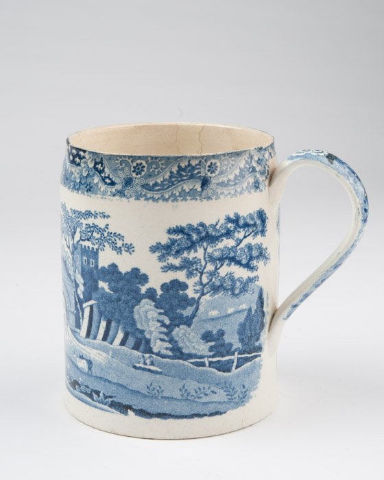 A 19th C English Blue Transferware Salt Glazed Mug: Old repair. Height: 5 3/4"