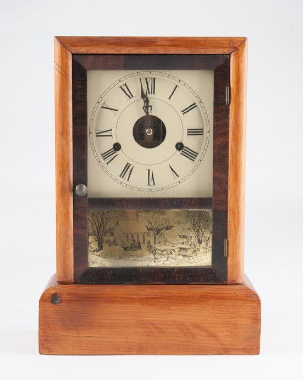 Seth Thomas Turn of the Century Mantle Clock: Pine case, painted tin face (repainted), gold foil print to lower glass 14-1/2" H, 10" W, 4-1/4" D