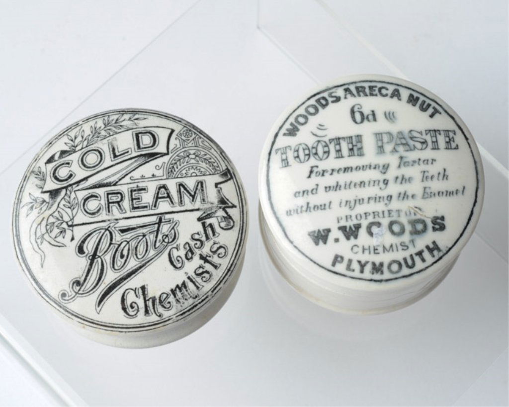 Two(2) Ceramic Apothecary Jars or Crocks: A W. Woods 'Woods Areca Nut Toothpaste' and a Boots Cold Cream. Diameter(s): 2 1/2", 2 5/8"