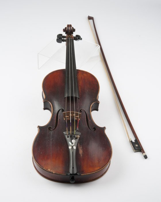 19th C German or Austrian Bow & Violin: Having mother-of-pearl inlay to face.