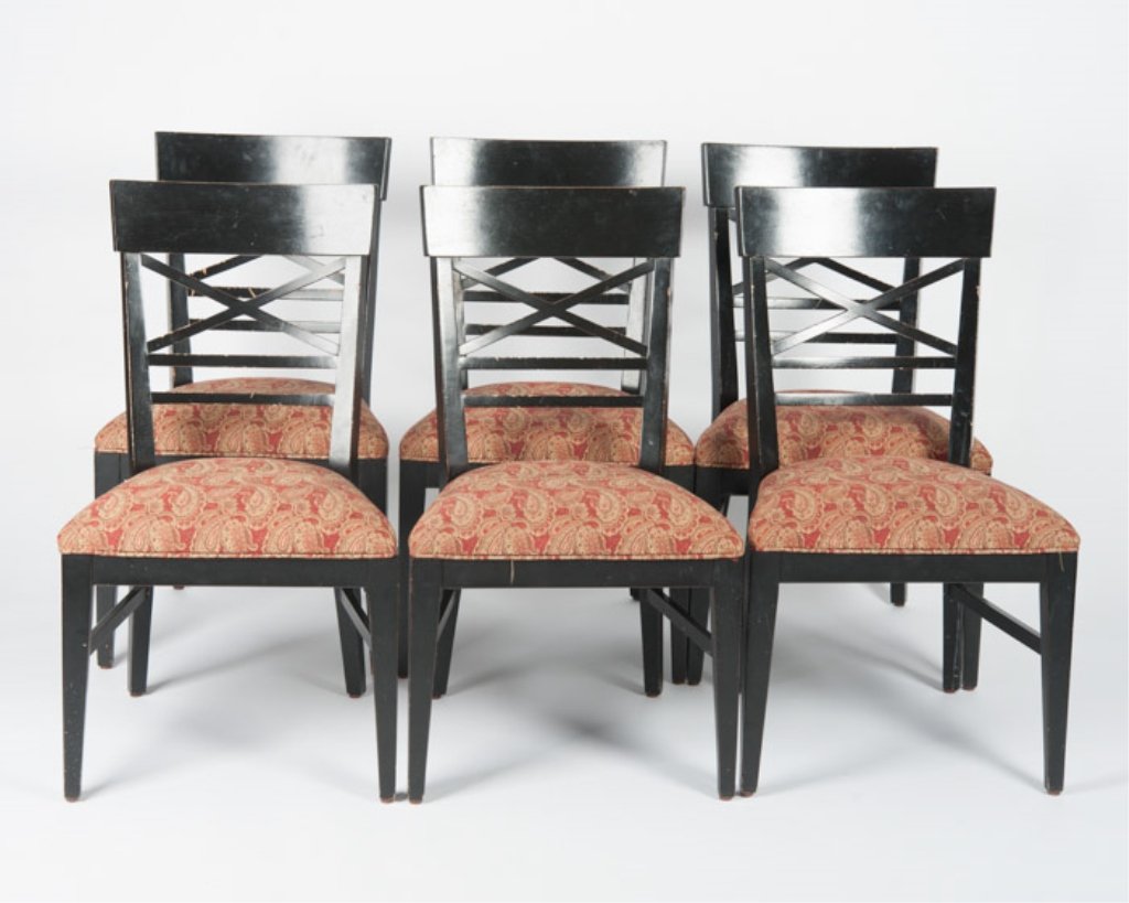 Six(6) Ethan Allen Dining Chairs: With paisley pattern upholstered seats.
