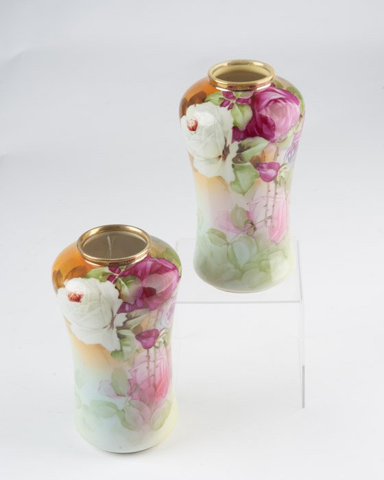 Pair of Hand Painted Nippon Vases: With rose motif. Height: 8 3/8"