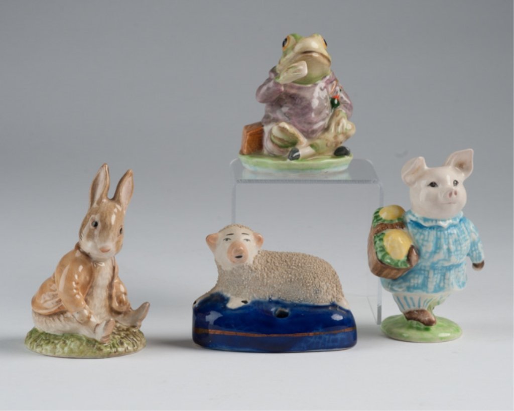 Three (3) Beatrix Potter Figurines, Etc.: Includes a Staffordshire Style lamb, and Beatrix Potter Characters: Frog, Pig, & Rabbit