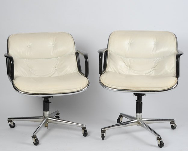 Pair of Knoll Naugahyde Swivel Armchairs: Designed by Charles Pollack, circa 1970. White Naugahyde with Knoll labels to underside. Model #1258.