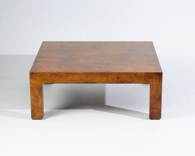 Milo Baughman Burl Wood Coffee Table: Height: 15"Width: 39" x 39"