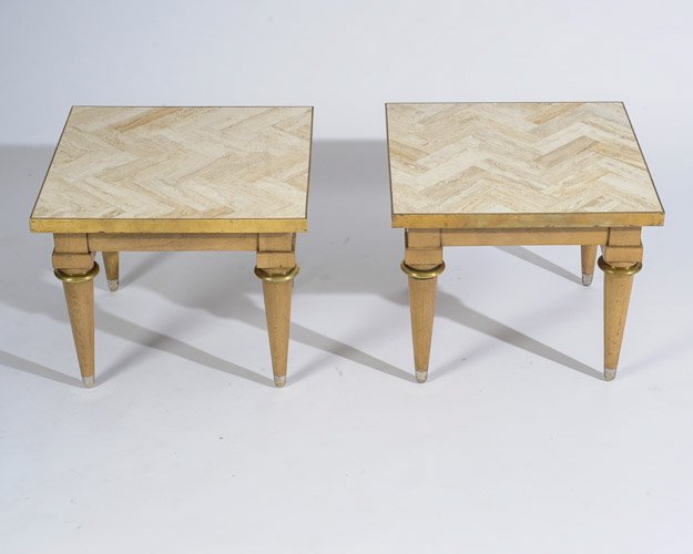 A Pair of Maitland Side Tables: Wood base, with travertine top in herringbone pattern, with brass border.Height: 14"Width: 17"