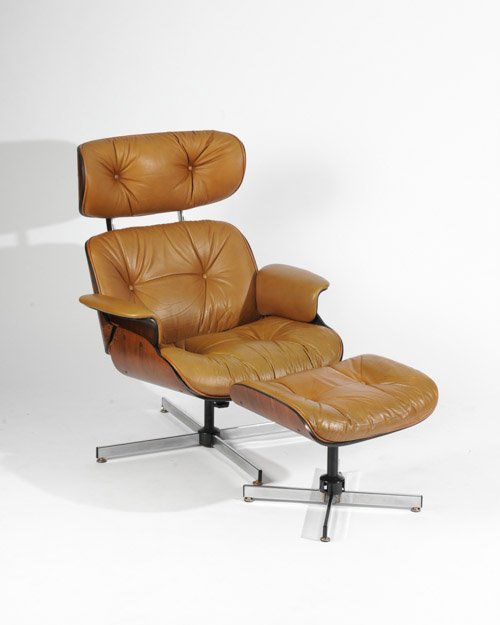 Plycraft lounge Chair and Ottoman: Brown vinyl upholstery.