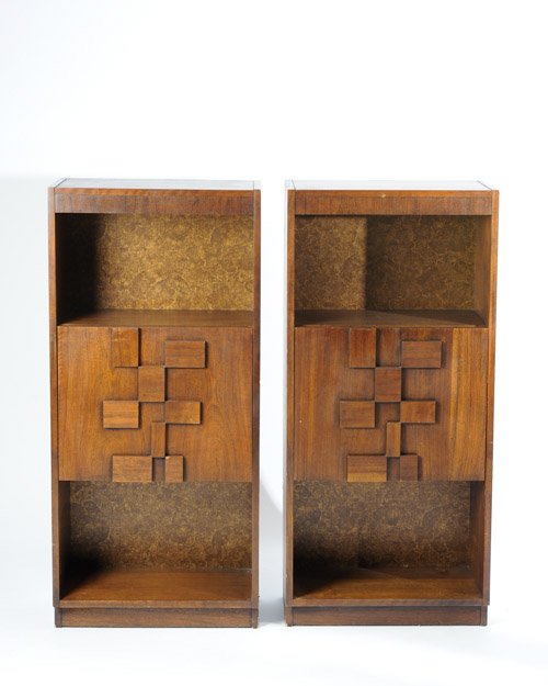 Pair of Lane Brutalist Style Book Shelves: In the style of Paul Evans. Each having three shelves with center shelf having drop-front door.Height: 52"Width: 24"Depth: 12"
