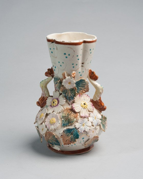 English Majolica Earthenware Vase: With applied flowers. Height: 9"