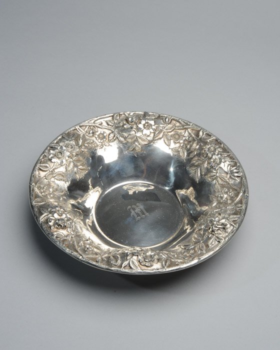 S. Kirk & Son Sterling Silver Bowl: Floral repousse rim. Monogrammed to center. Ca. 1920's. 13.94 T oz. Diameter: 10-1/4"