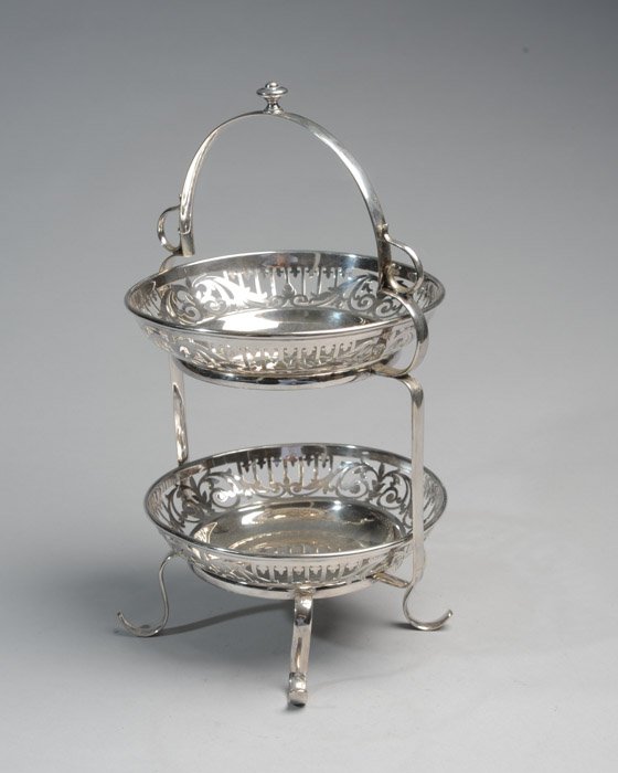 Martin & Hall Silverplated Two-Tier Cake Stand: 19th C with reticulated silverplate bowl inserts. Height: 15"