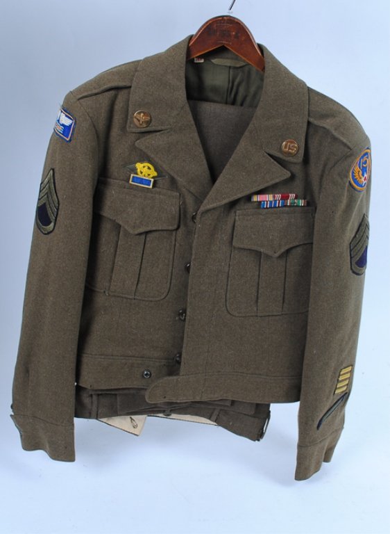 WWII Ike Jacket with Pants: Includes jacket, pants, Mediterranean Allied Air Force patch and 15th Air Force patch.