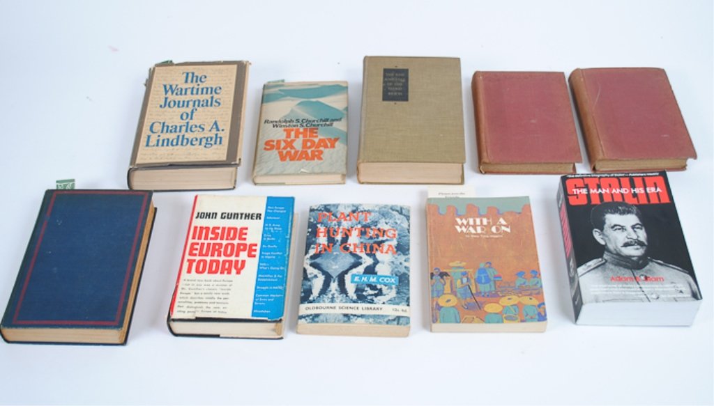 Lot of Ten (10) History and Military Books: Includes "With a War On" by Mary Tyng Higgins, "Inside Europe Today" by John Gunther, "Plant Hunting in China" by E.H.M. Cox, "The French Revolution" Volumes X and XL by Thomas Carlyle, "Reveille in W