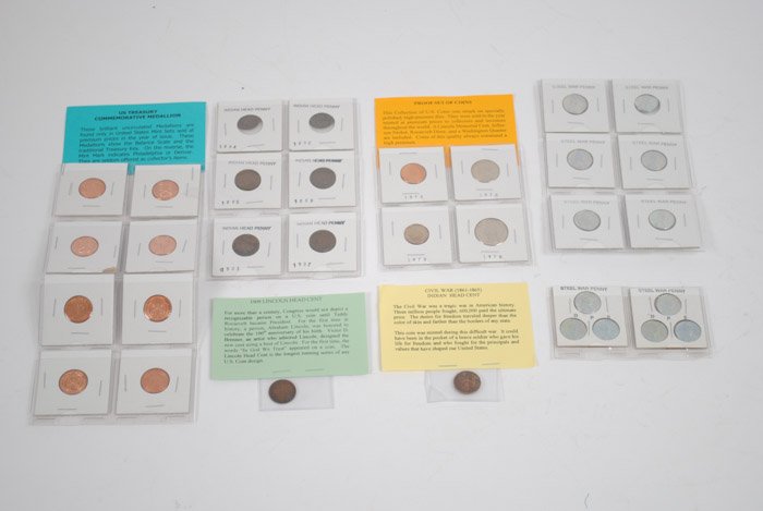 Collectible Coins, Including Indian Head Pennies: Includes: Steel War Pennies, 1978 Proof Set of coins, Indian Head Pennies 1865, 1884, 1892, 1895, 1889, 1903, 1907 and 1909 and US Treasury Commemorative Medallion Set.
