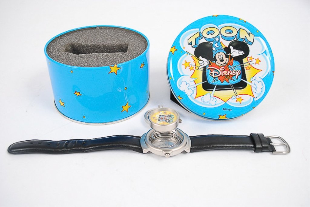 Mickey Mouse/Disney "Toon" Collector's Watch: Case Opens via Spring Action for "Boing" Effect, Mickey Mouse on Design. In original tin box (round) with leather band.
