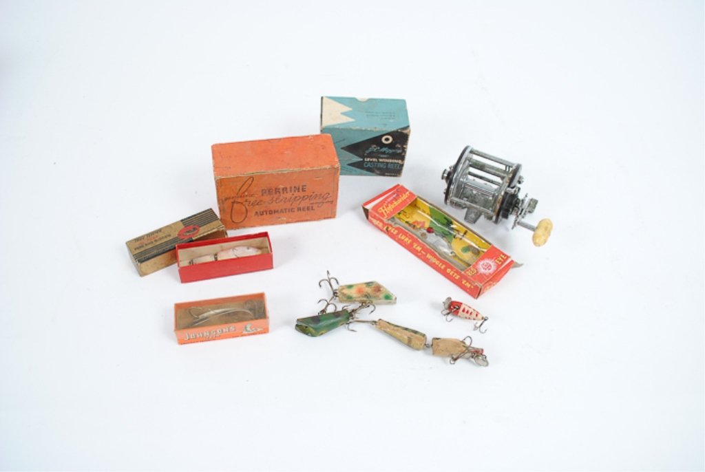 Lot of Vintage Fishing Gear: Includes a genuine Perrine free-stripping no brake drag automatic reel, a Penn Pier No.209 Spare Pawl fishing reel, a J.C. Higgins "400" level winding casting reel, a True Temper Al. Foss Pork Rind Mi