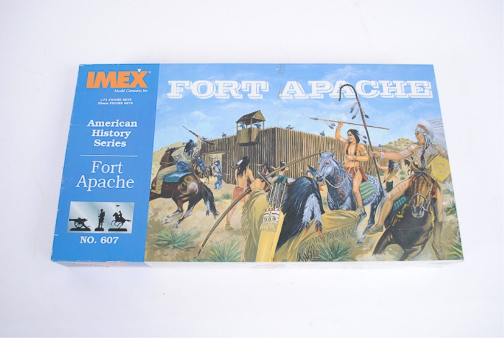 Imex Fort Apache Playset: 1/72nd scale 25mm; in plastic, boxed set contains 67 Army figures in assorted poses, 11 Cavalry riders and horses, 34 Indians in assorted poses, 22 Indian riders and horses, and one Fort Apache Fort.