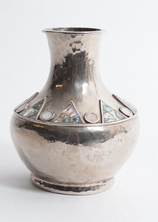 Emilia Castillo Vase: Silver plated and inlayed with abalone & mother of pearl; 6-1/2" tall; pleasing vase by Lily Castillo.