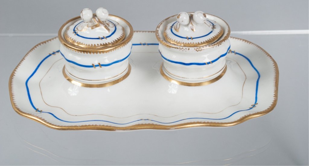 KPM Standish with Two Inkwells: H:1-1/4" W:6'; German; made in Berlin; gold & blue striped.