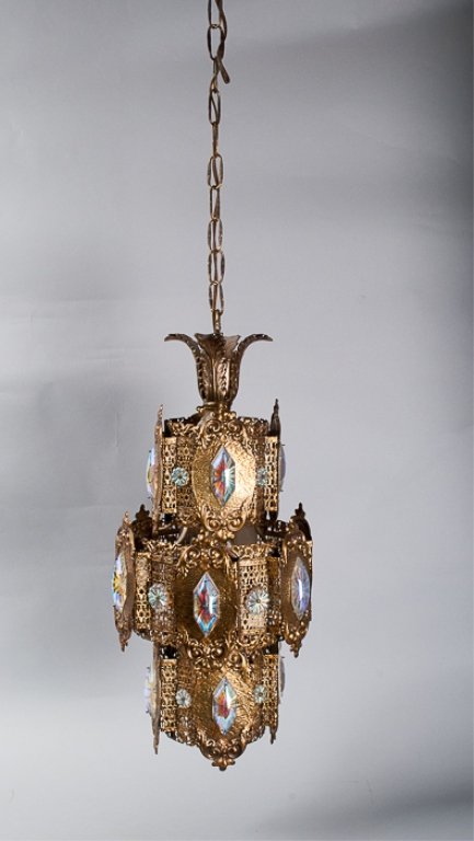 Spanish Style Pierced Brass Fixture: With jeweled tulip lily filigree; height 23", diameter 10".