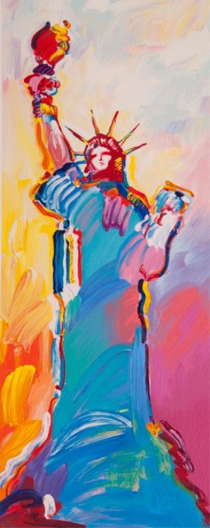 Peter Max Print, "Statue of Liberty": Colored serigraph, pencil signed to lower right; numbered 67/350 in bottom left. Registration No. 258590.0285. Authenticity report attached. Measures approximately 34-1/2" x 23" and has a sight image