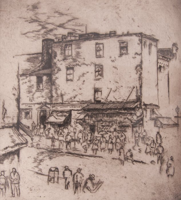 Framed Etching by Gustav Trois: Framed 1942 etching by Washington D.C. artist Gustav Trois; measures approximately 12-3/4" x 10-3/4" with frame and has a sight image of approximately 7-1/2" x 6-1/2"; signed and dated 1942 in bottom 