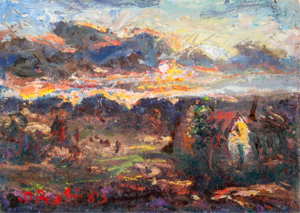 Oil Painting by Samuel Baldwin Pratt: Small unframed oil painting; 1985; measures approximately 5-3/4" x 8"; marked on back: "Samuel B. Pratt '85". Samuel B Pratt was born in Unison, Virginia, May 28, 1903 and studied four years under Eug
