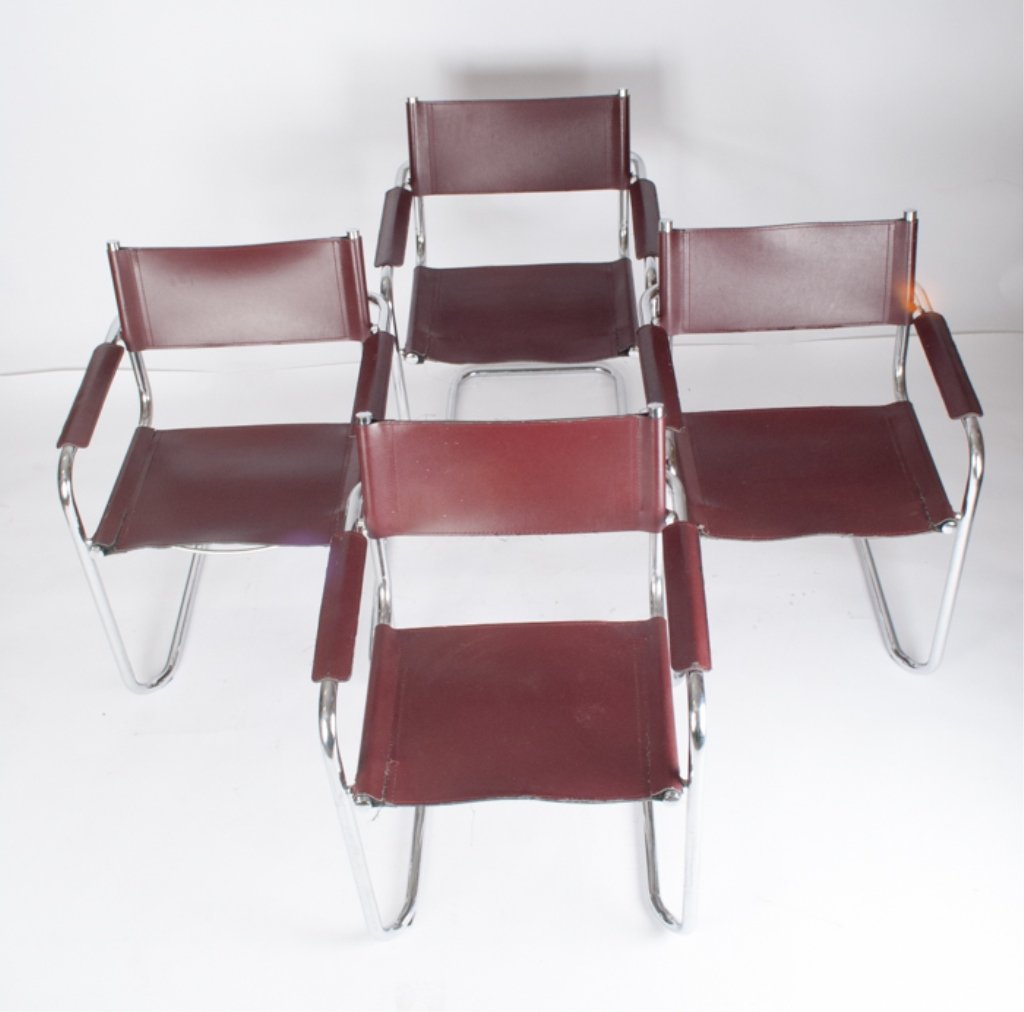 Milo Baughman Chrome & Leather Chairs: Four (4) chairs, attributed to Milo Baughman, vintage; mid century chrome & burgundy leather; each measures approximately 31" tall to top of back, 18" tall to top of seat, 23" wide from arm to arm, an
