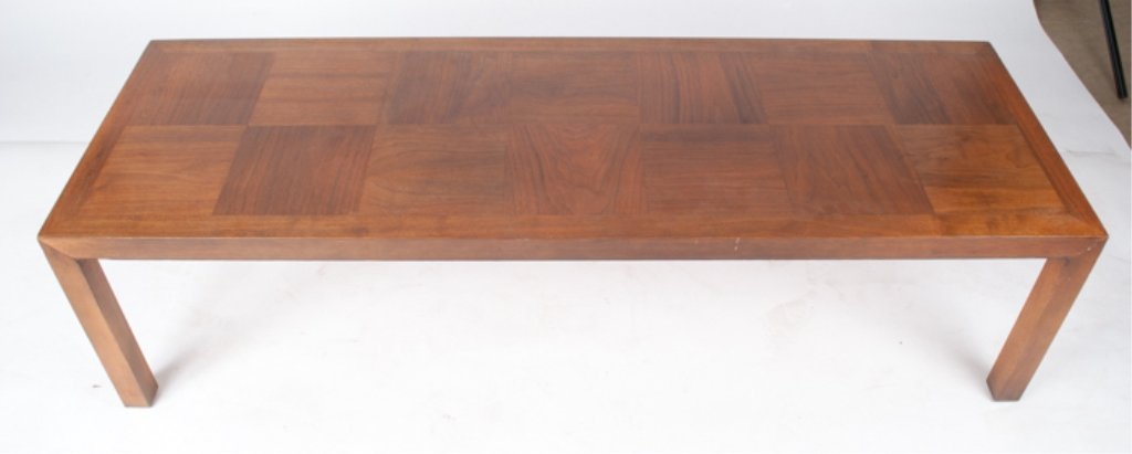Lane Coffee Table: Lane coffee table; Altavista, Va; measuring approximately 19" deep, 57" wide, and 15" tall; walnut; square pattern; square legs.