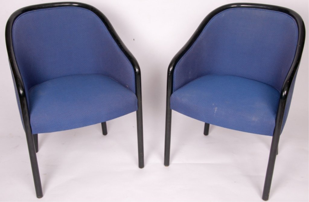 Two (2) Ward Bennett Chairs: Designed for Brickel Associates Furniture; blue upholstered seats; black metal frame; measuring approximately 32-1/2" tall, 22-1/2" wide from arm to arm, and 17-1/2" deep from back of seat to front ed