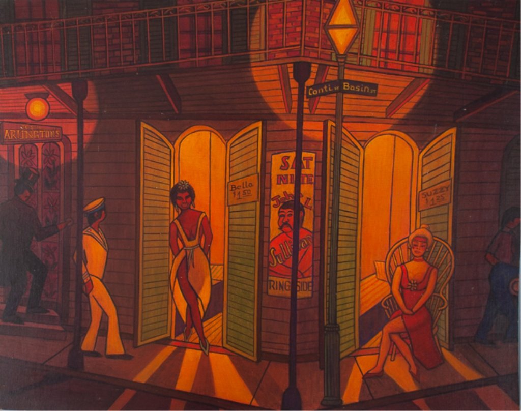 Larry Edwardson "Storyville Crib Girls": Oil on masonite; titled on back with artist's address on bottom; measuring approximately 23-3/4" x 29-3/4"; depicting New Orleans street scene. Laurence Christie Edwardson was born in Waltham, Massach