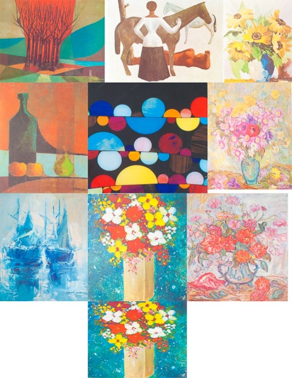 Collection of Ten (10) Modern Art Prints: Unframed; nine measuring approximately 21-1/8" x 18-1/4" and one measuring approximately 12" x 12"; various modern art depictions; artists include Rex Ray, Candela Perez, De Mornac, Marlez, Campligi,