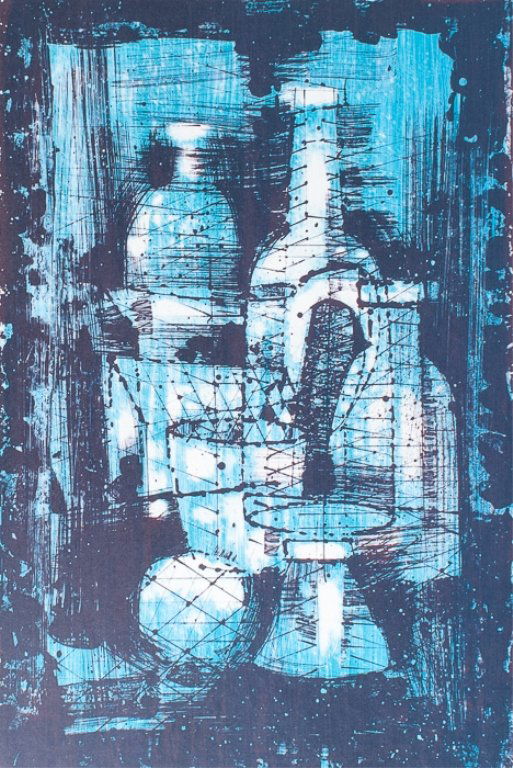 Paul Maxwell Signed Lithograph "Blue Bottles #2": Unframed; measures approximately 25-1/2" x 19-1/8"; signed in lower right corner and numbered in lower left 122/250; titled in bottom left corner. Paul Maxwell (born in Frost Prairie, Arkansas) is a p
