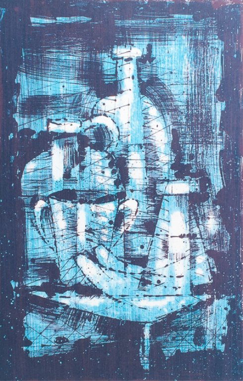 Paul Maxwell Signed Lithograph "Blue Bottles #1": Unframed; measures approximately 25-1/2" x 19-1/8"; signed in lower right corner and numbered in lower left 137/250; titled in bottom left. Paul Maxwell (born in Frost Prairie, Arkansas) is a prolific
