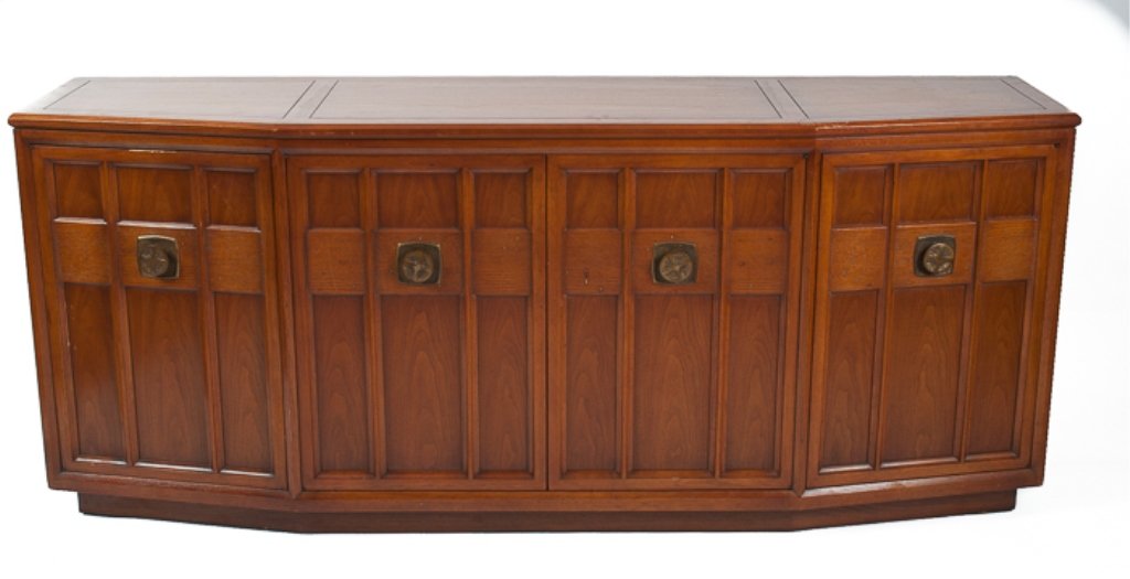 Mid-Century Modern Sideboard by Heritage: Measures approximately 32" tall, 76" wide, and 15" deep; cabinets on each side each house one shelf and two door middle cabinet houses one long drawer and two top drawers each with dividers and lined 