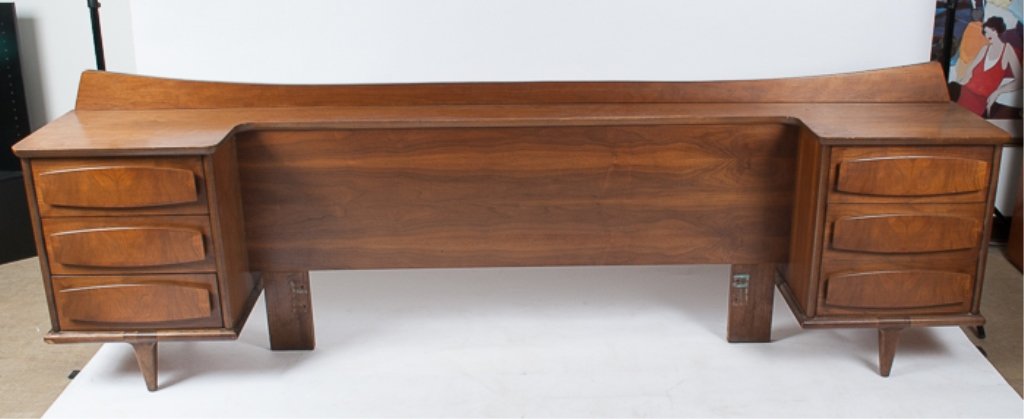 Mid-Century Walnut Headboard: American of Martinsville with nightstands attached; will accommodate a full or queen size bed; measures approximately 34" tall, 104-3/4" wide, and 16-1/2" deep.