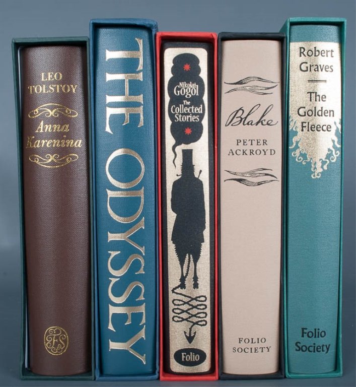 Collection of Five (5) Folio Society Classics: All Folio Society; includes "Anna Karenina", "The Odyssey", "The Collected Stories" of Nikolai Gogol, "Blake" by Peter Ackroyd, and "The Golden Fleece" by Robert Graves. Condition of all is Like New. 