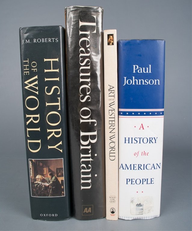 Four (4) Art and History Books: Includes "Treasures of Britain", "Art of the Western World" by Michael Wood, "A History of the American People" by Paul Johnson, and "History of the World" by J.M. Roberts; condition of all is Good.