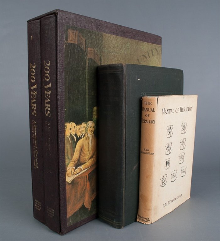Three (3) Books on History, Poetry and Heraldry: Includes "Manual of Heraldry", "English Poetry and Prose of the Romantic Movement" by George Woods, and "200 Years: A Bicentennial Illustrated History of the United States" which is a two volume box s