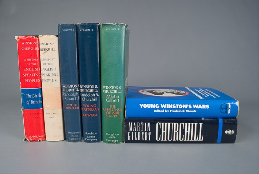Collection of Seven (7) Books on Winston Churchill: Includes "Winston S. Churchill: Youth 1874-1900" and "Winston S. Churchill: Young Statesman 1901-1914" by Randolph S. Churchill, "Churchill: A Life" by Martin Gilbert, "A History of the English Speaki
