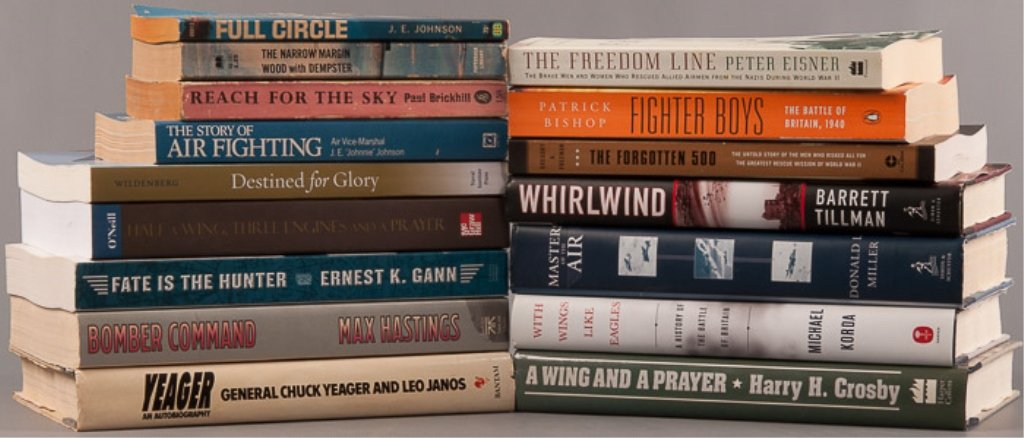 Collection of Sixteen (16) Military Books: All Air Force theme books; includes "The Story of Air Fighting" by J.E. "Johnnie" Johnson, "Reach for the Sky: The Story of Douglas Bader" by Paul Brickhill, "The Battle of Britain and the Rise of Air