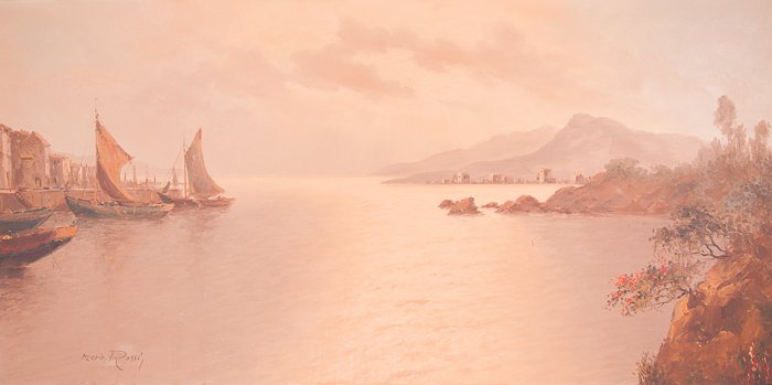 Mario Rossi Oil on Canvas Harbor Landscape: Sunset with fishing boats tied up at the quay. Signed lower left; unframed. Listed artist, Italian, b. 1958. Measures approximately 24" high and 48" wide.