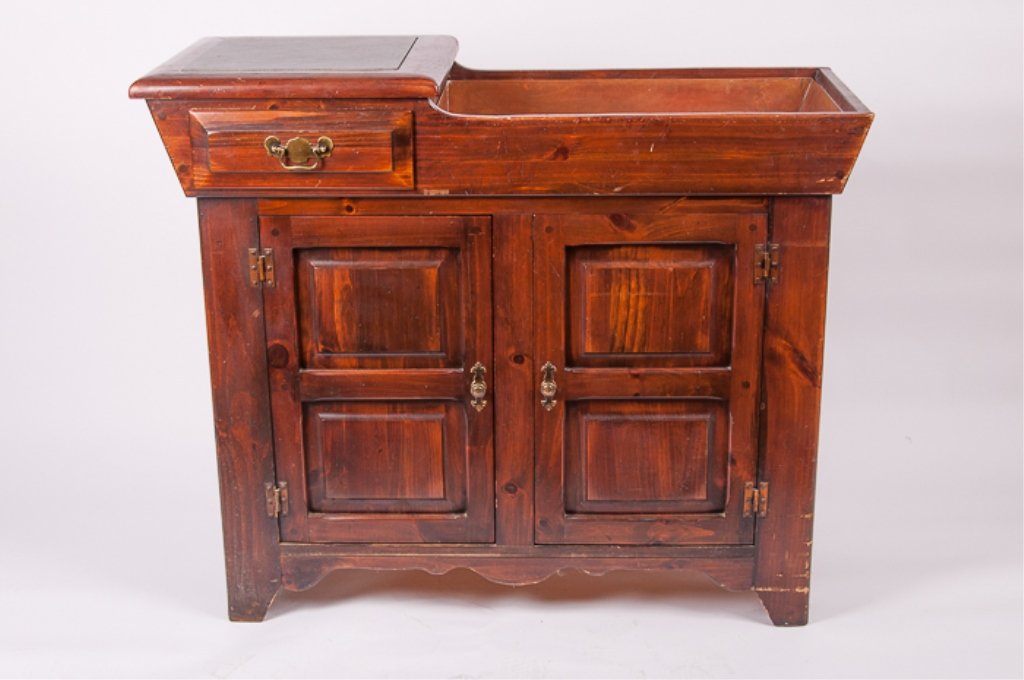 Copper Sink on Wooden Hutch: Link-Taylor; Lexington, North Carolina; solid white pine with copper sink insert; measures approximately 38" tall at tallest point, 45" wide, and 19" deep at deepest point; gray stone tile inlay on to