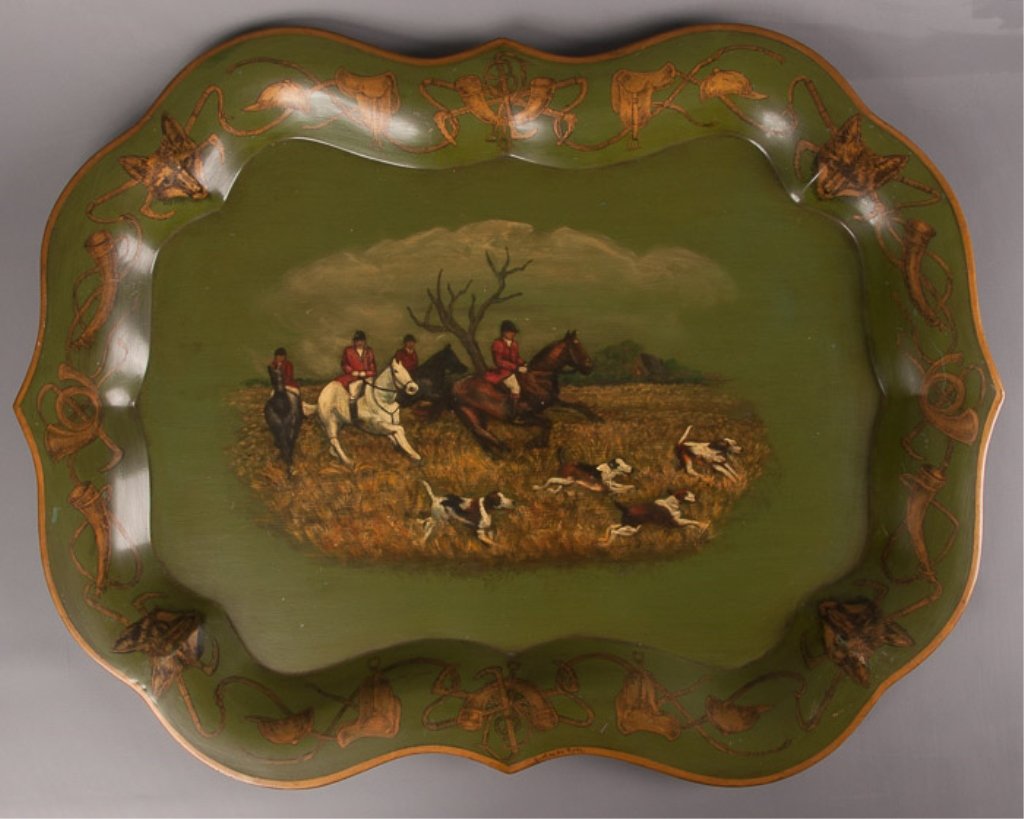 Large Antique Painted Tole Tray with Hunting Scene: Green background with hunting scene in center and gilded embellishments; measures approximately 29" wide and 21" deep.